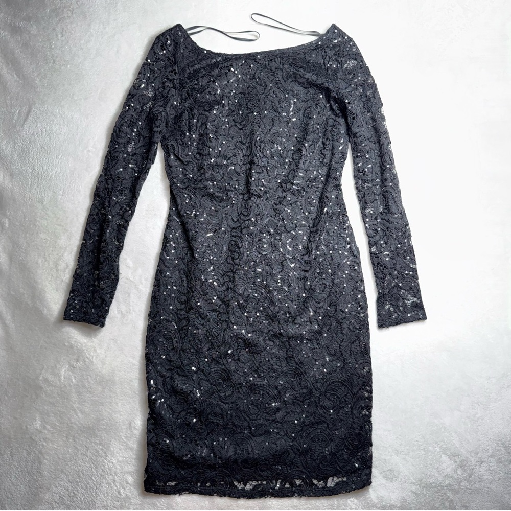Marina Sequin Lace Long Sleeve Sheath Black Dress Women’s Size XS